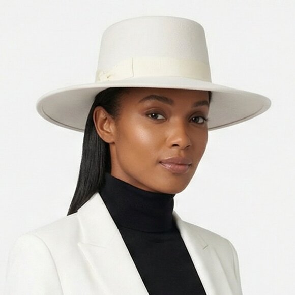 Queens INC Accessories - Wide Brim Boater Hat in Faux Felt - Structured Hat with Ribbon White
